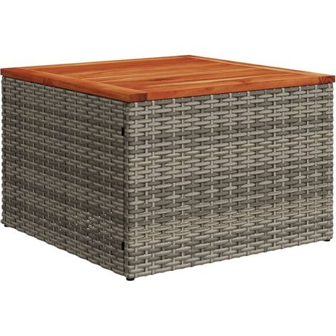 Table de jardin grise, mesurant 55x55x37 cm, en résine tressée et bois d'acacia. (1/5)