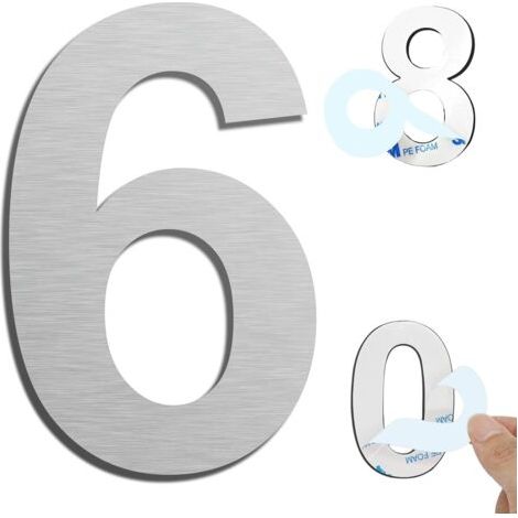 QORVA-Argent (6) Numéro de maison extérieur moderne brossée，75mm Numéro de porte autocollant en acier inoxydable，Plaque de numéro de maison et Numéro de Boite aux Lettres.