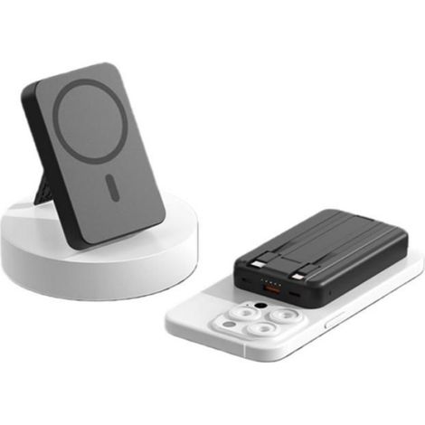 Batterie externe magnétique 10000mAh 15W sans fil 22,5W PD 20W avec support pliable et câble USB-C intégré Noir