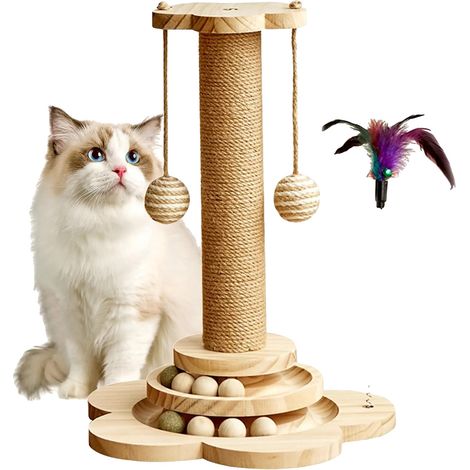 Rascador para gatos, 46 cm de alto, tres niveles, fabricado en madera de pino resistente, bolas rascadoras interactivas, ahorra espacio. (1/5)