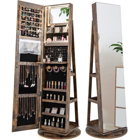 360° Rotating Jewelry Armoire Mirrored Jewelry Cabinet W/ Display Shelves & LED
