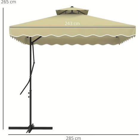 Beige 2.5m Square Double Top Cantilever Parasol, Decorative Ruffled Overhanging Outdoor Sun Shade, Easy Lever Operated Garden Umbrella with Stable Cross Base (1/5)
