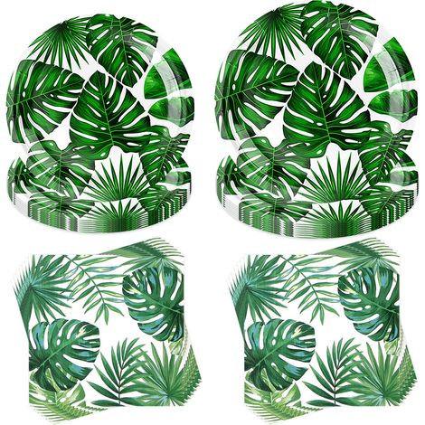 Lot de 40 pièces de vaisselle de fête hawaïenne, feuilles de palmier tropicales, vaisselle de fête hawaïenne, vaisselle de fête pour jungle, fête d'anniversaire d'enfant (1/5)