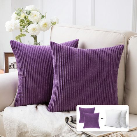 Cojines cuadrados de terciopelo de pana suave y liso, ideales para sofás, 50 x 50 cm, color morado, paquete de 2.