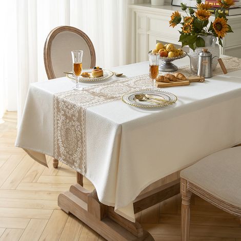 Mantel cuadrado de 140x140 cm, lavable y resistente a las manchas, de algodón y lino, con bordado floral y borlas, ideal para el comedor. (1/4)