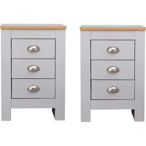 FURNITURE HMD 3 Drawers Bedside Table Set of 2,Grey Nightstand (1/5)