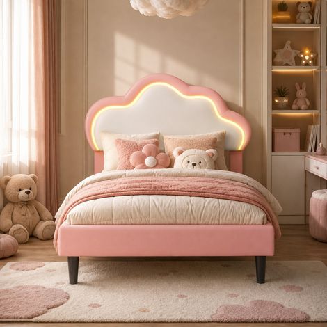 Lit enfant fille 90x200cm - Tête de lit nuage en PU rose - Lit simple capitonné avec éclairage LED - Sommier à lattes - sans matelas (1/5)