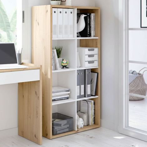 Dmora - Librería Dmarini, Librería reversible con 8 compartimentos, Soporte TV multiposición, 72x33h137 cm, Roble efecto nudo y Blanco (1/5)
