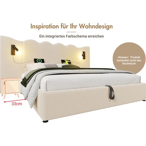 Lit double rembourré 180×200 avec lampe de lecture et fonction de recharge USB Type-C, lit coffre, cadre de lit avec sommier à lattes en bois massif et métal, Beige-blanc, tissu côtelé (sans matelas)