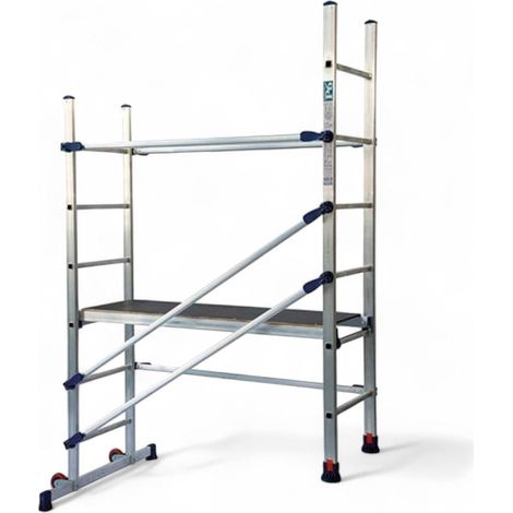 Trabattello in alluminio per uso domestico con piano lavoro in legno ganci di sicurezza altezza max 290 cm capacità 120 kg