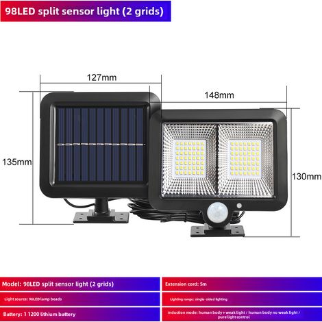 Lampe solaire à détecteur de mouvement, étanche, pour jardin, éclairage divisé, applique murale, éclairage de garage (98 LED à induction, trois modes d'éclairage) (1/5)