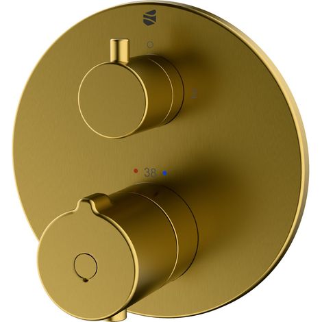 BERNSTEIN Grifo termostático redondo para ducha, de pared, empotrado, de latón dorado cepillado, 2 salidas, anti-escaldaduras, Ø14,3 cm, VIREO Oro cepillado