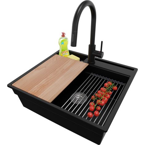 PRIMAGRAN Evier Cuisine en Granit 58x53cm, Lavabo 1 bac + Robinet 40x20cm + Kit de Vidage + Accessoires, Évier à Encastrer au meuble 60cm - Oslo Pocket, Noir (1/5)