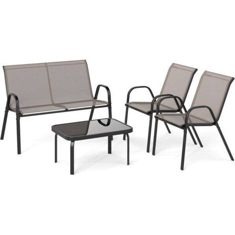 Cadre Métal Robuste Salon de Jardin 4 Pièces avec Table Verre Trempé et Fauteuils Empilables pour Terrasse Balcon Gris (1/5)
