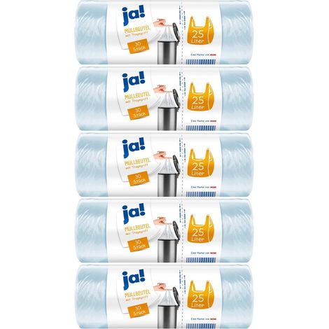 Lot de 150 sacs poubelle en plastique avec poignée, 25 l, 30 pièces par rouleau, coutures au fond indéchirables, transparents, 5 rouleaux (1/5)