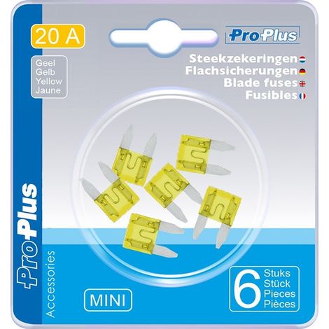 Fusibili lamellari mini 20A gialli 6 pezzi in blister