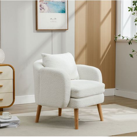 Sillón individual de terciopelo teddy blanco, con cojín de respaldo y asiento extra grueso de 14 cm, estructura de madera y patas resistentes, ideal para salón CHICFURN (1/5)