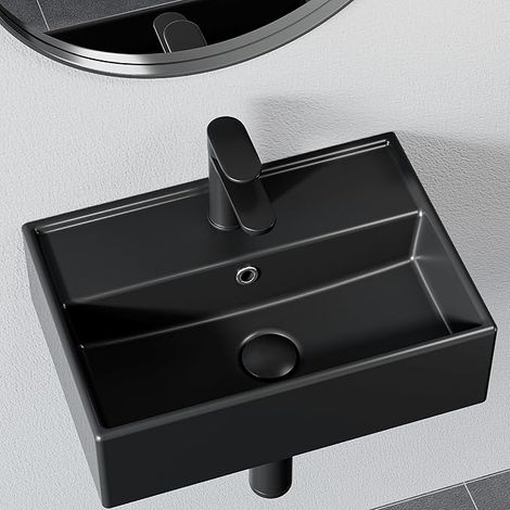 HOROW Ceramic Bathroom Wash Basin(45 31 13cm) - Countertop/Wall-Mounted Rectangular Sink (Black) (1/5)