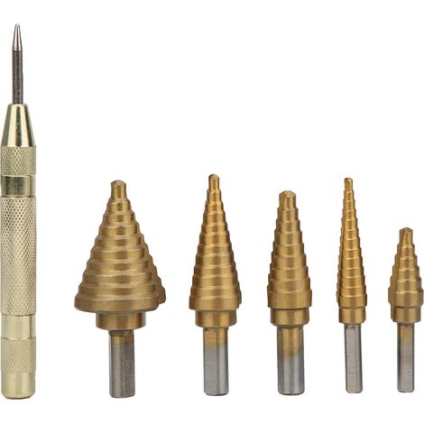Lot de 6 forets étagés HSS avec pointeau, outil de perçage pas à pas en acier rapide, jeu de mèches à étages pour métal, perceuse multifonction, 6 pièces (1/5)
