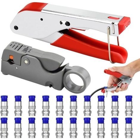 Crimping tool set, Cable stripper, Crimping pliers with 20 F-connectors for coaxial cable, Compression tool kit Rg59 Rg6, Double-blade crimping tool for wires, Crimping kit - LIAIKI (1/5)