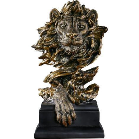 Figurine de tête de lion en bois de Lin, statue de lion en résine, figurine de tête d'animal pour bureau ou vitrine, objet d'art décoratif pour la maison ou le bureau, cadeau. (Or) (1/5)