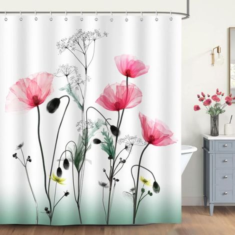 Duschvorhang aus Polyester, 180 × 200 cm, rote Mohnblumen, wasserdicht, schimmelresistent, waschbar, inklusive 12 Haken für die Badewanne (1/5)