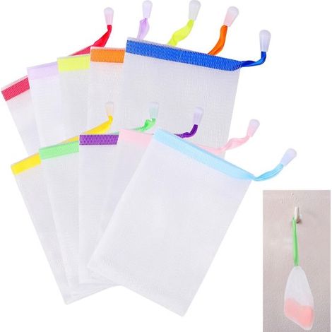 Lot de 10 sacs à savon exfoliants en filet avec cordon de serrage, pour savon solide, bain et douche, accessoires de nettoyage du corps, couleurs assorties (1/5)