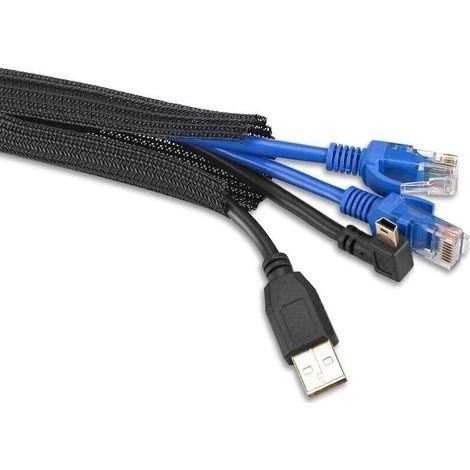 Manchon de Cable Gaine 2M Ajustable, Gestion de Cable Rangement Tressée en PET Fermeture Automatique, Protection du Cache-Cables Diamètre 16-28 mm pour Cables Télé/Ordinateur/Bureau-2m/6.56ft (1/4)