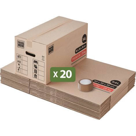 Pack and Move - Lot 20 Cartons Déménagement Premium - 60 X 30 X 30 - Extrême Résistance 20KG - Réutilisable - Poignées Renforcées - 1 Adhésif Offert