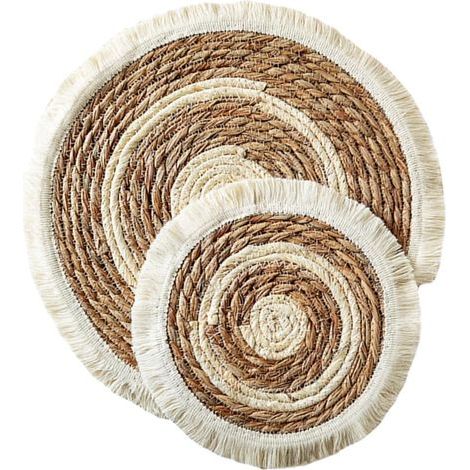 Set De Table Tissé Rond en Herbe Et Corde De Coton 38 Cm Et 25 Cm, Dessous De Verre Tressés Absorbants Pompons, Protection Isolante pour Assiettes Et Bols, Usage Quotidien Et Décoration