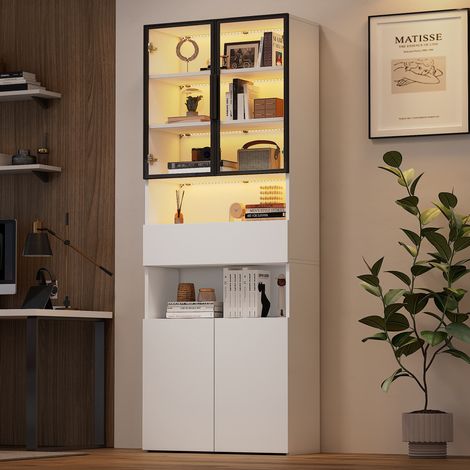 MEUBLIV Vitrine 70 x 30 x 200 cm Weiß – LED, Glastüren, 1 Schublade und 2 Ablagen (1/5)