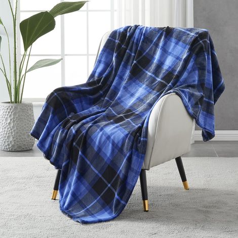 Kindfiber OÜ-Couverture Plaid en Polaire à Carreaux 150 x 200 cm, Bleu  Léger Doux Cocooning pour Lit Canapé Déco Maison (1/5)
