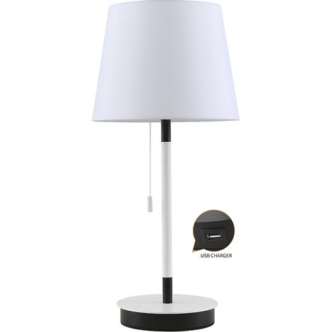 LAMPARA DE MESA MADERA BLANCO CON CARGADOR USB E27