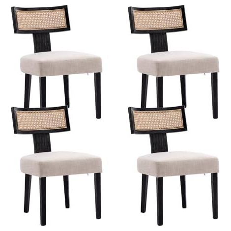 Wahson Esszimmerstühle 4er Set Leinen Küchenstuhl Rattan geflochtene Rückenlehne, Vintage Polsterstuhl für Esszimmer, Schwarz (1/5)