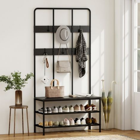 Porte manteau 3-en-1 avec banc, tablette à chaussures et crochets métal - Rangement d'entrée pratique et fonctionnel en panneaux de particules noir (1/5)