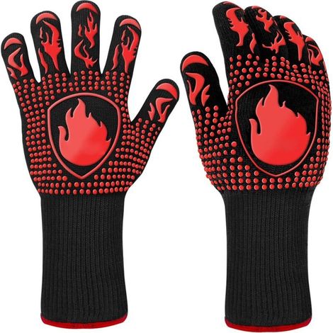 Gants de Barbecue, Universel Gants Four Anti Chaleur, Antidérapants Silicone Ignifuge Gant Cuisine avec Protection de l'avant-Bras(Rouge) (1/5)