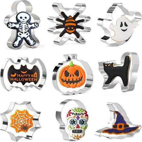 Ensemble d'emporte-pièces d'Halloween, 9 pièces en acier inoxydable, emporte-pièces en métal - citrouille, fantôme, chauve-souris, chat noir, chapeau de sorcière, crâne, araignée, toile d'araignée, ar (1/5)