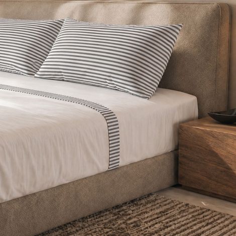 Parure de Lit 2 Personnes 175x200cm - 100% Coton - Drap Housse, Drap Plat, 2 Taie d'Oreiller - Rayures Gris