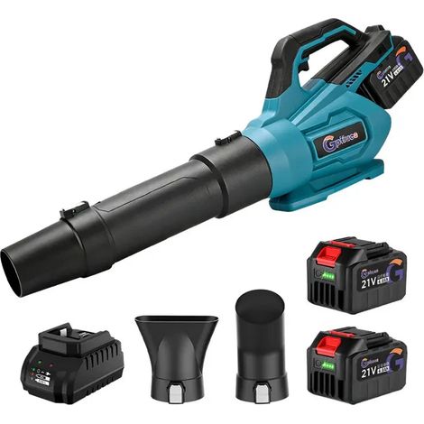 Souffleur de Feuilles sans Fil - 2 batteries 21V 6,0Ah, Moteur Sans Balais, Vitesse Infiniment Variable, Max 172 km/h, 3 Buses