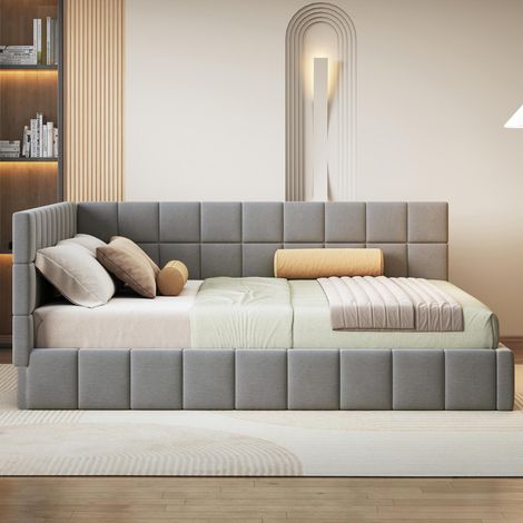 Lit banquette 160x200 cm gris en velours, dossier réversible gauche/droite, accoudoir rembourré, sommier 12 lattes inclus, sans matelas (1/5)