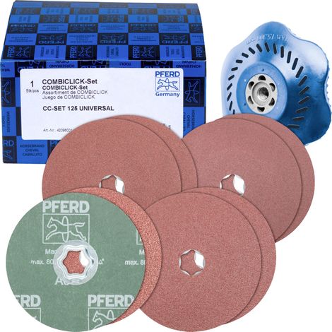PFERD TOOLS 42098001 COMBICLICK-Fiberscheiben-Set Korund Ø125mm A36, 60, 80, 120 mit CC-H-GT-Stützte (1/5)