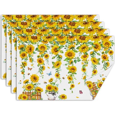 Lot de 4 Sets de Table Tournesol Printemps Été, sous Assiette de Table Feuille Verte, Lavable Absorbant Dessous Assietter en Lin pour Cuisine, Salle à Manger, Fêtes, Décoration 30 x 45 cm (1/5)