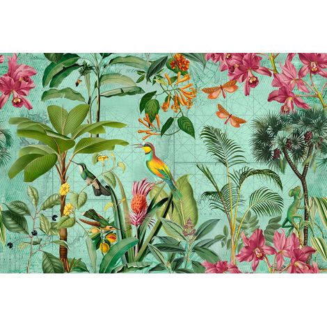 Papier peint panoramique jungle vert & rose Tapisserie panoramique fleurie tropicale Papier peint panoramique chambre avec oiseaux exotique (1/2)