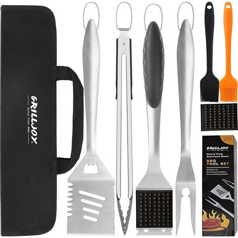 Lot de 8 outils de barbecue extra épais avec spatule, fourchette, pince et brosse de nettoyage en acier inoxydable – Kit complet d'accessoires de barbecue avec sac portable (1/5)