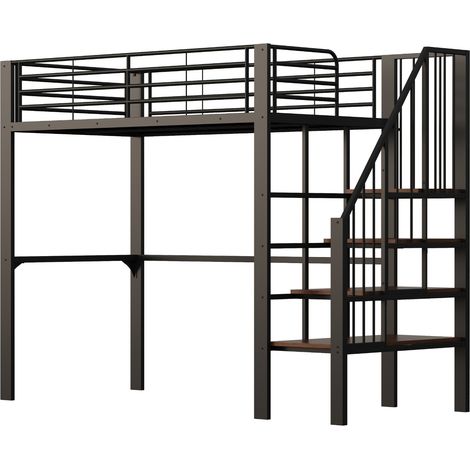 Lit mezzanine 90 x 200 cm en métal noir avec escalier et rangement sous le lit MODENUIT (1/5)