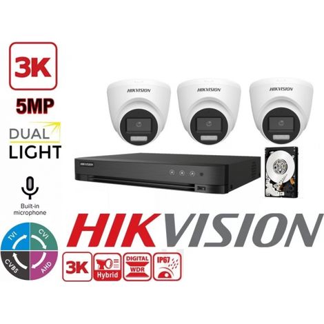 KIT VIDEOSORVEGLIANZA HIKVISION 4 CANALI 5 MPX 3 TELECAMERE DOME 5MPX 3K HYBRID LIGHT HDD 1TB