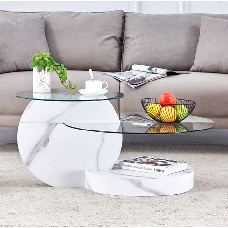Tavolino da caffè in vetro e MDF bianco effetto marmo, rotondo a 2 livelli, diametro 70 cm (1/5)