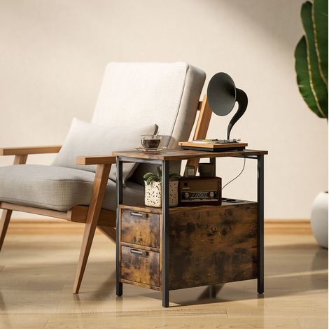 Mesa auxiliar de madera marrón 55 cm con 2 cajones, estante y tomas USB/Type-C ocultas (1/5)