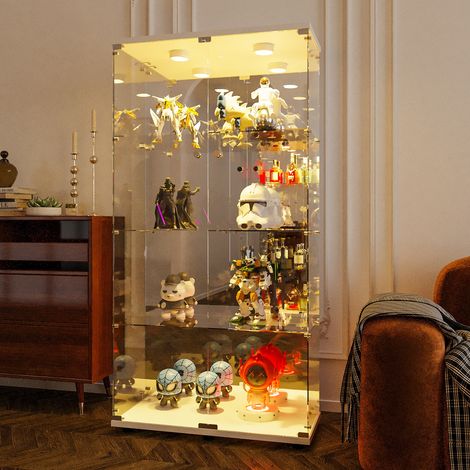 BSMGSGN-Vitrine en Verre Miroir avec LED 163.9x80,49x36,49cm, Meuble Vitrine Moderne avec 2 Portes et 4 Étagères en Verre Trempé , Armoire de Collection avec Serrure pour Salon, Bureau, Livres, Blanc (1/5)