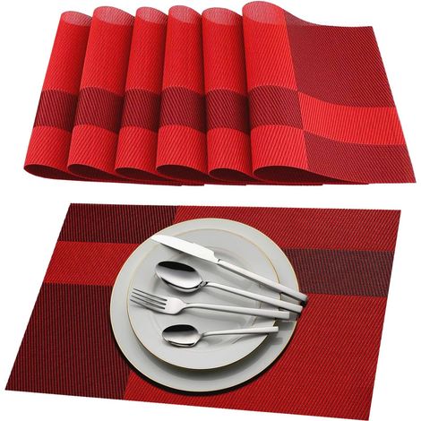 Rote PVC-Tischsets, rutschfest, abwaschbar, hitzebeständig, gewebtes Vinyl, 45 × 30 cm, 6er-Set